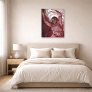 Unframed poster print of Michelangelo's Separation of Light from Darkness displayed on a wall in a bedroom