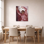 Unframed poster print of Michelangelo's Separation of Light from Darkness displayed on a wall in a dining room