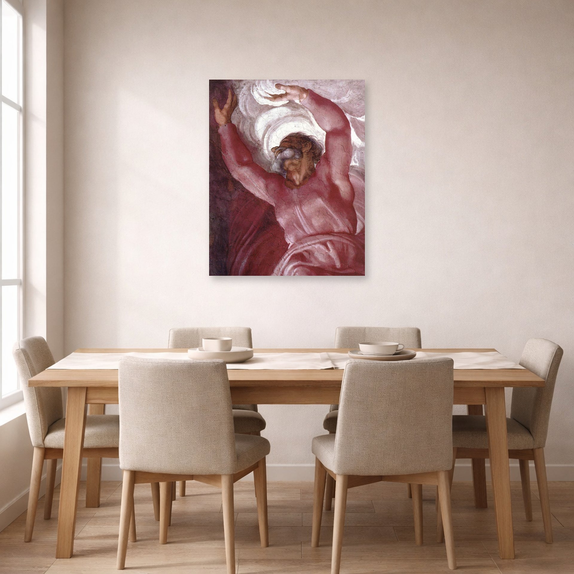 Unframed poster print of Michelangelo's Separation of Light from Darkness displayed on a wall in a dining room
