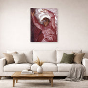 Unframed poster print of Michelangelo's Separation of Light from Darkness displayed on a wall in a living room