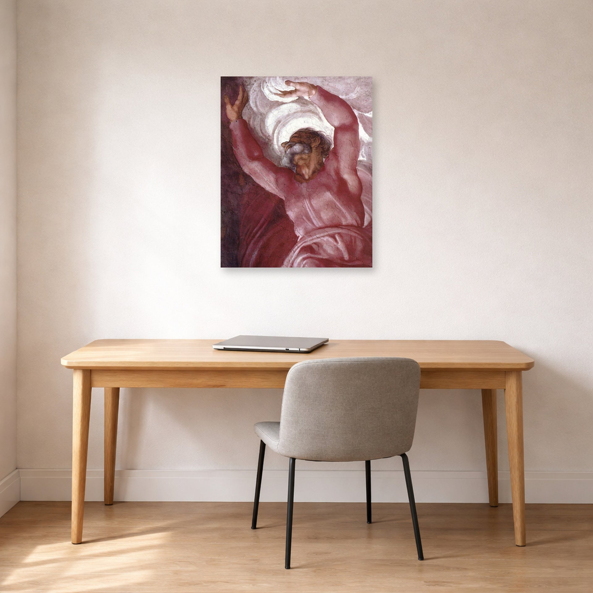 Unframed poster print of Michelangelo's Separation of Light from Darkness displayed on a wall in a office