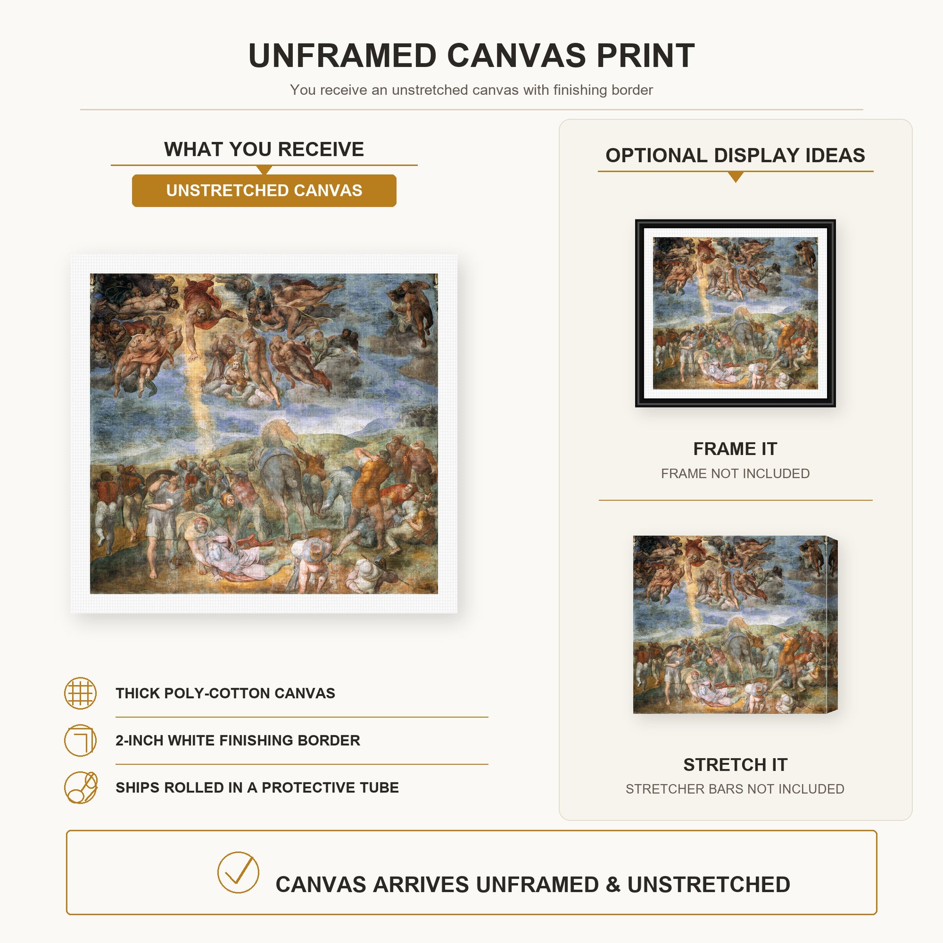Michelangelo - The Conversion of Saul canvas print size comparison and framing display infographic