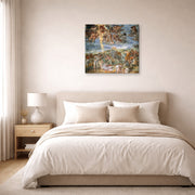 Gallery-wrapped canvas print of Michelangelo's The Conversion of Saul displayed on a wall in a bedroom