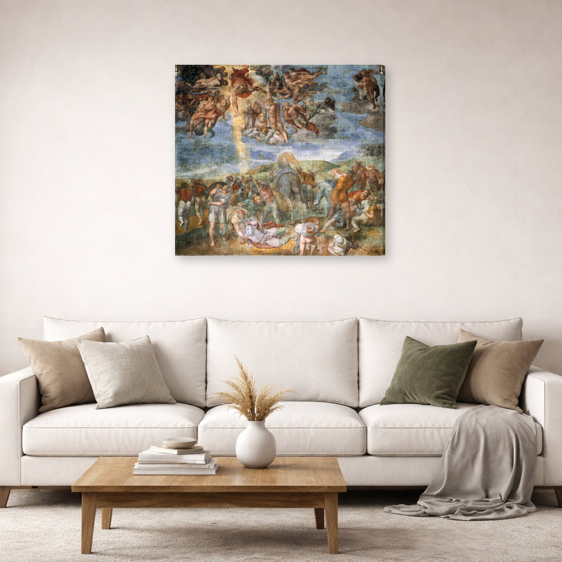 Gallery-wrapped canvas print of Michelangelo's The Conversion of Saul displayed on a wall in a living room