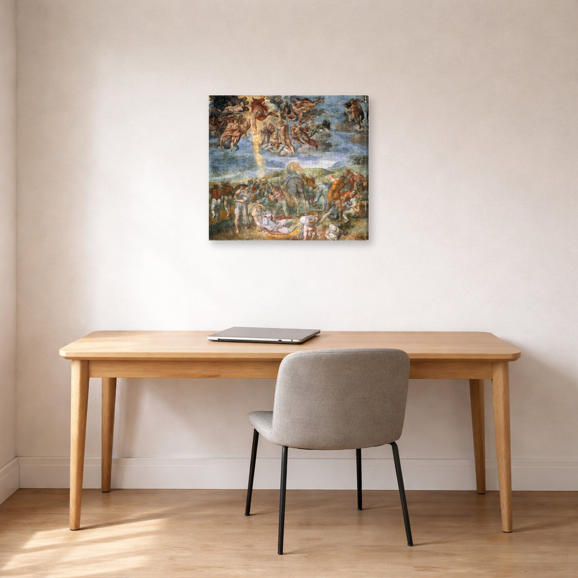 Gallery-wrapped canvas print of Michelangelo's The Conversion of Saul displayed on a wall in a office