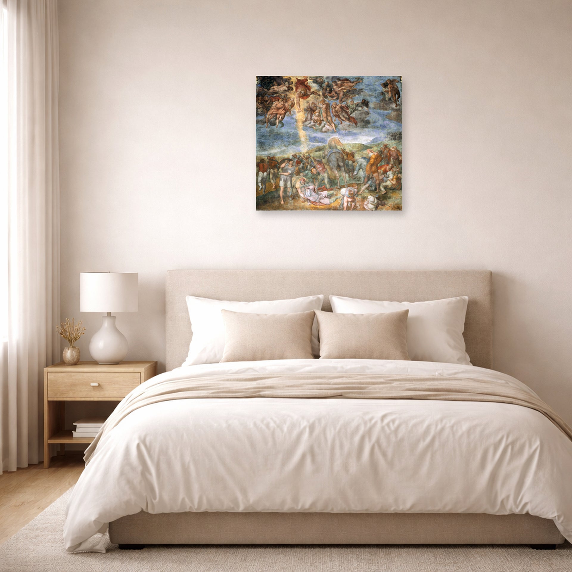 Unframed poster print of Michelangelo's The Conversion of Saul displayed on a wall in a bedroom