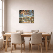 Unframed poster print of Michelangelo's The Conversion of Saul displayed on a wall in a dining room