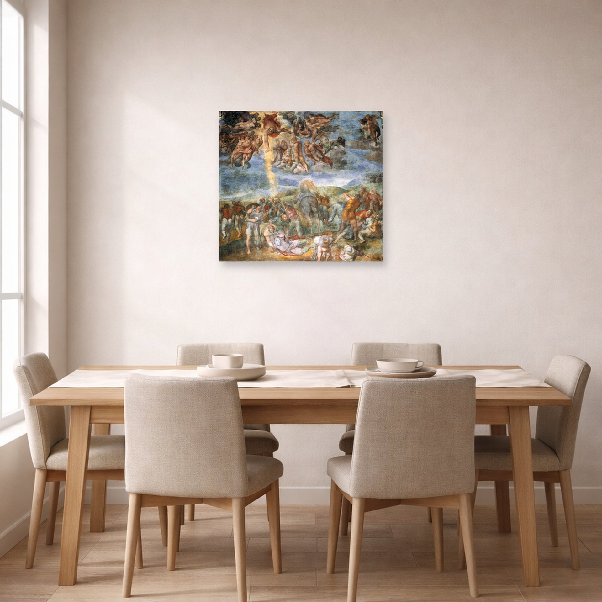 Unframed poster print of Michelangelo's The Conversion of Saul displayed on a wall in a dining room