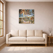 Unframed poster print of Michelangelo's The Conversion of Saul displayed on a wall in a living room