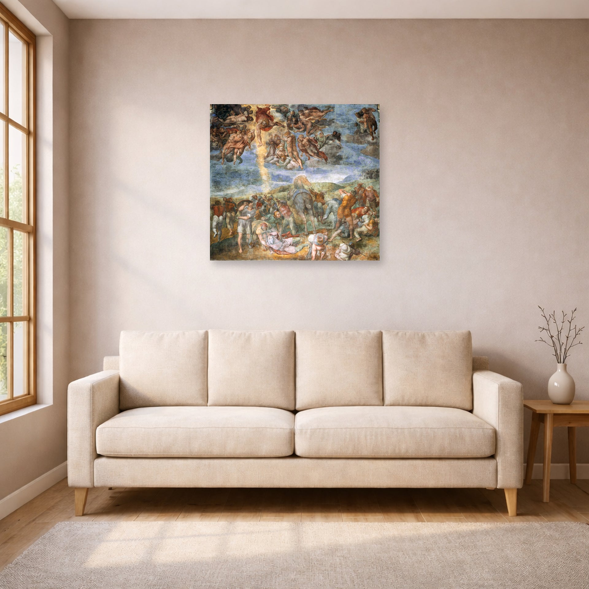 Unframed poster print of Michelangelo's The Conversion of Saul displayed on a wall in a living room