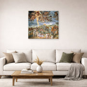 Unframed poster print of Michelangelo's The Conversion of Saul displayed on a wall in a living room