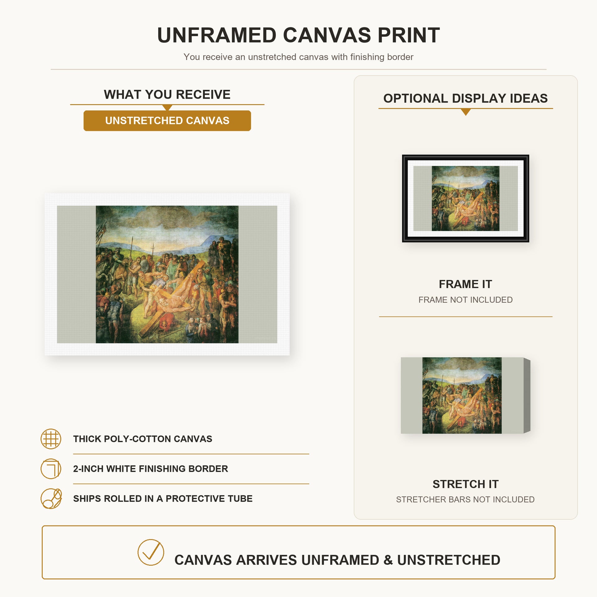 Michelangelo - The Crucifixion of St. Peter canvas print size comparison and framing display infographic