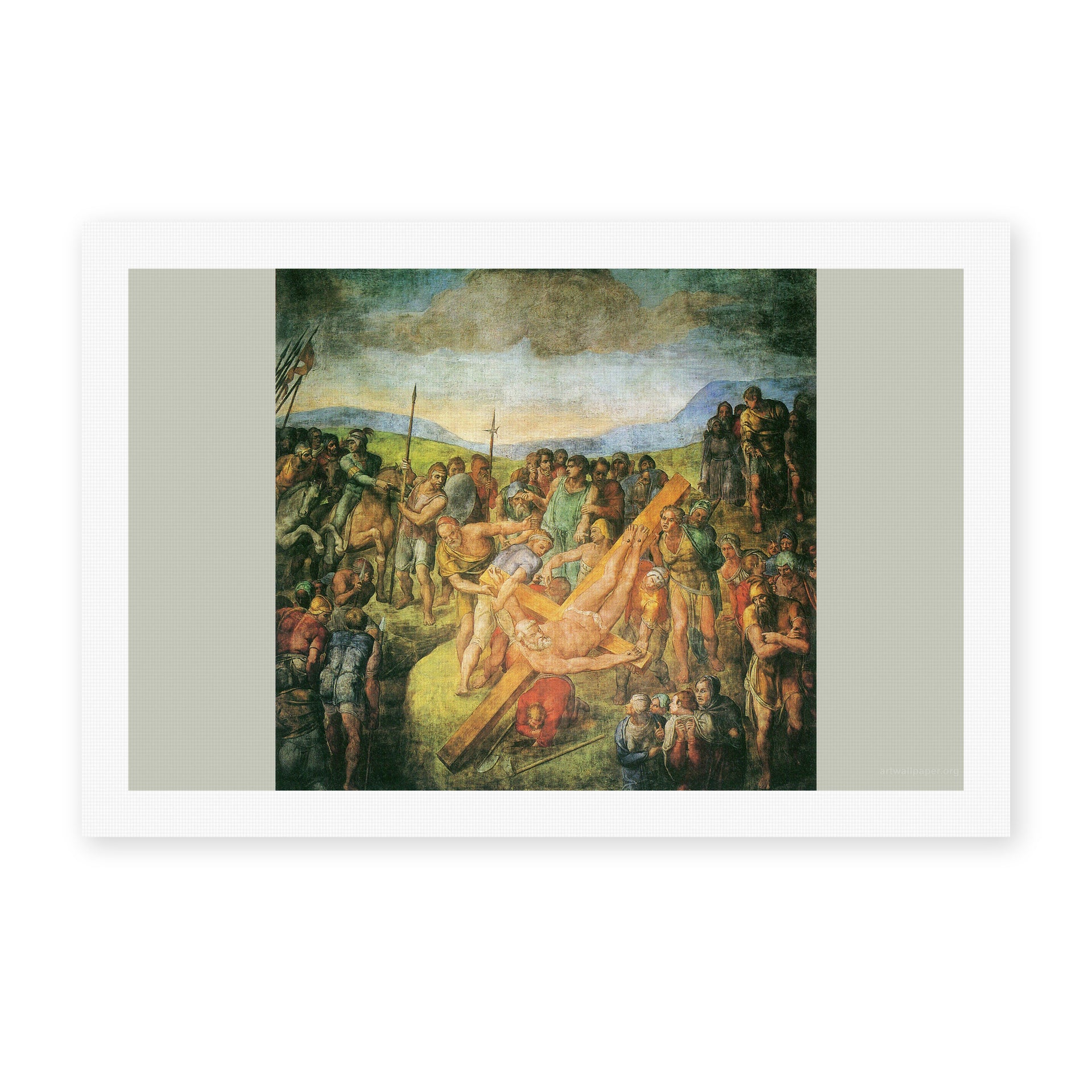 Michelangelo's 'The Crucifixion of St. Peter' painting reproduced as a rolled canvas print, a fresco in the Pauline Chapel at the Vatican, among Michelangelo's final works
