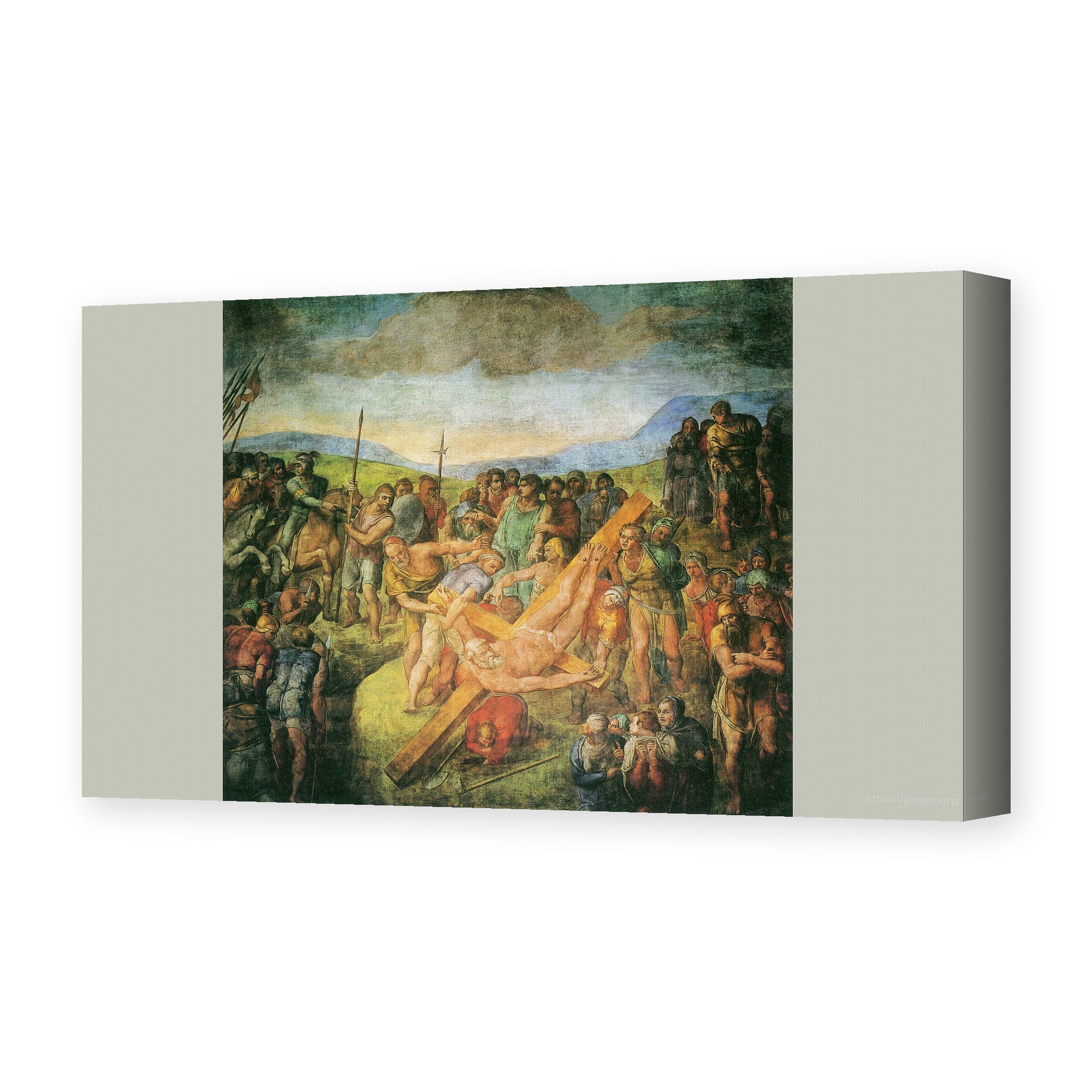 Michelangelo's 'The Crucifixion of St. Peter' painting reproduced as a gallery-wrapped canvas print, a fresco in the Pauline Chapel at the Vatican, among Michelangelo's final works