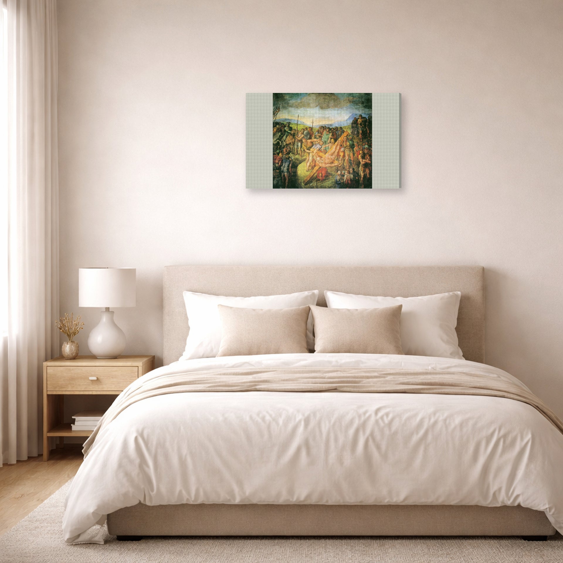 Gallery-wrapped canvas print of Michelangelo's The Crucifixion of St. Peter displayed on a wall in a bedroom