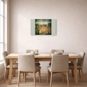 Gallery-wrapped canvas print of Michelangelo's The Crucifixion of St. Peter displayed on a wall in a dining room