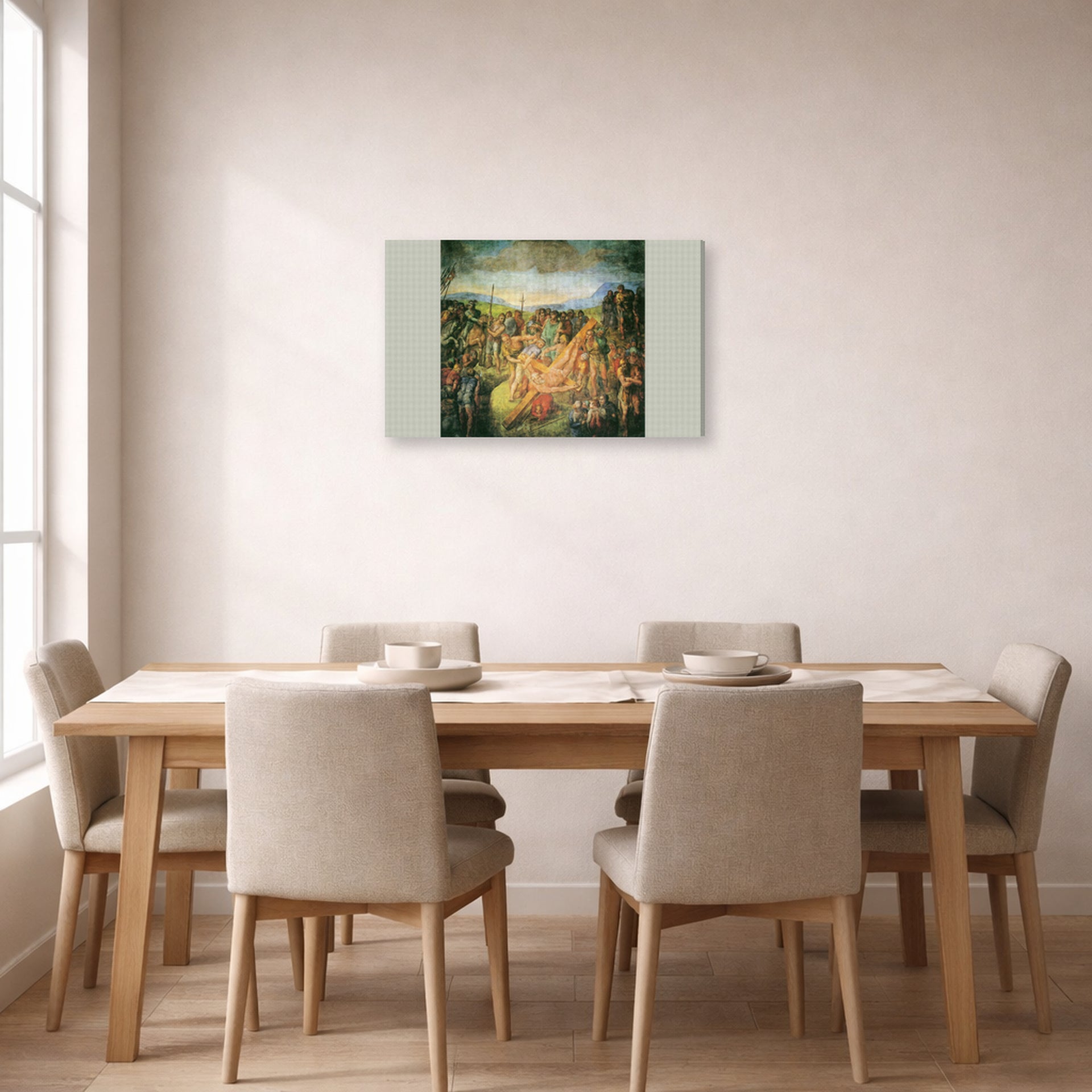 Gallery-wrapped canvas print of Michelangelo's The Crucifixion of St. Peter displayed on a wall in a dining room