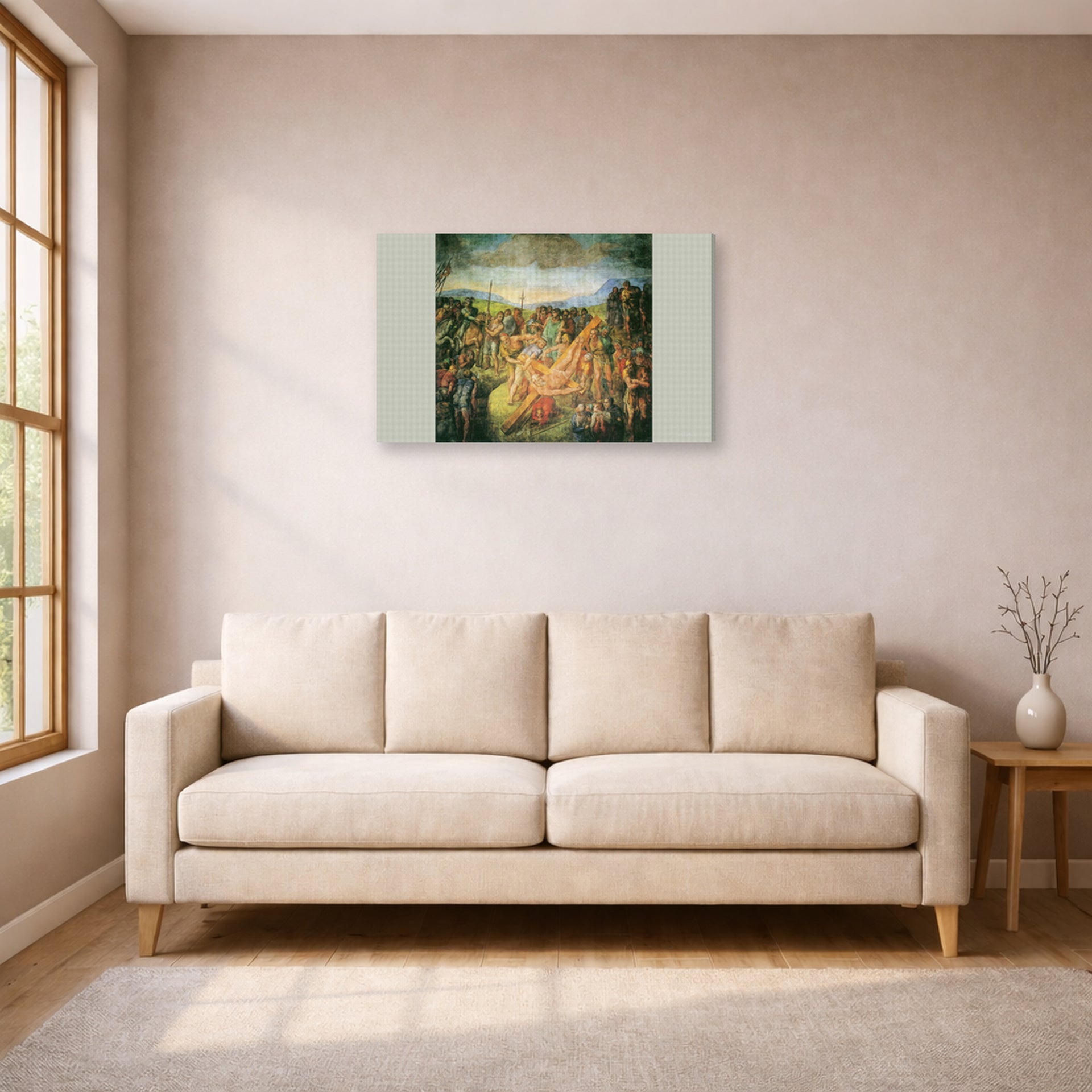 Gallery-wrapped canvas print of Michelangelo's The Crucifixion of St. Peter displayed on a wall in a living room