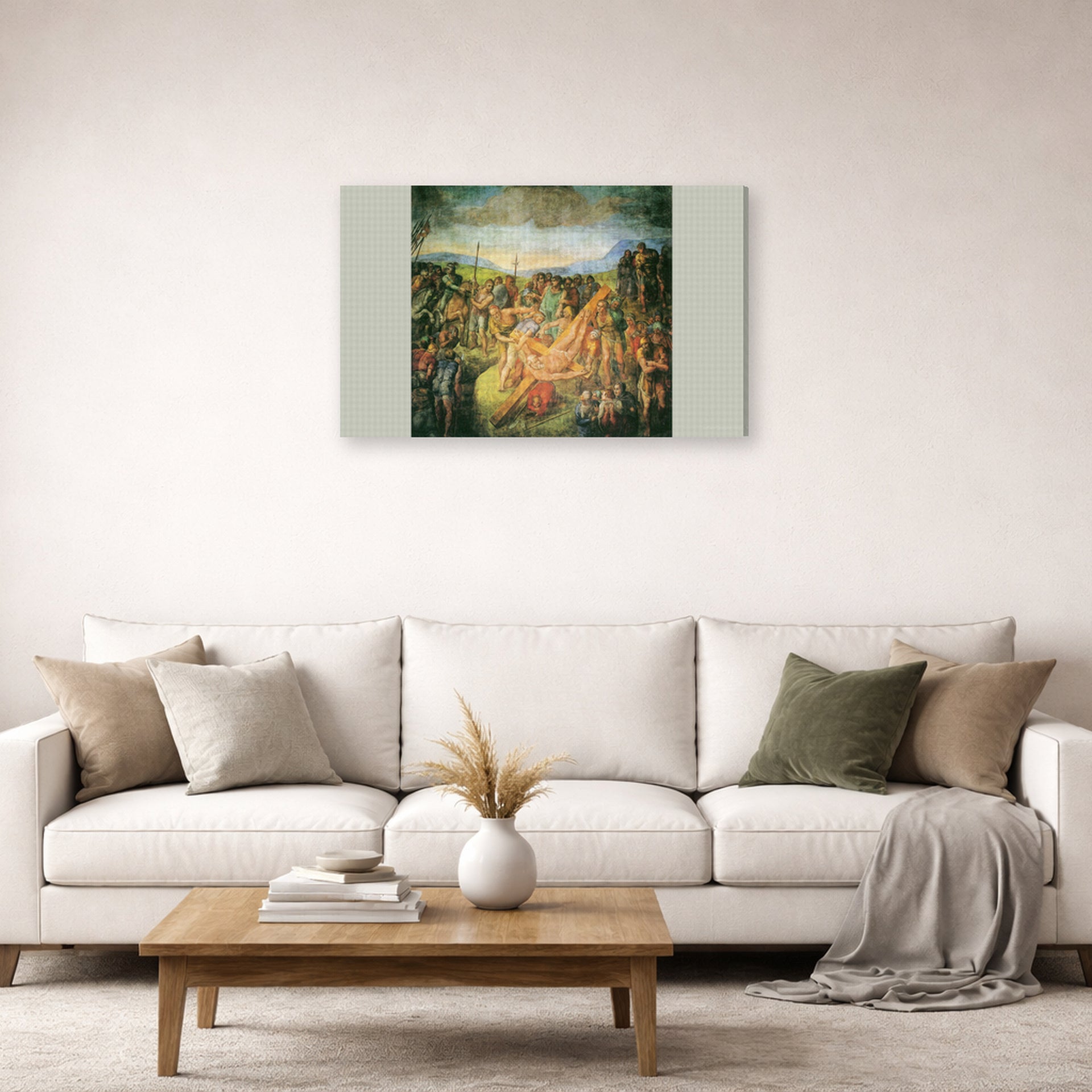 Gallery-wrapped canvas print of Michelangelo's The Crucifixion of St. Peter displayed on a wall in a living room