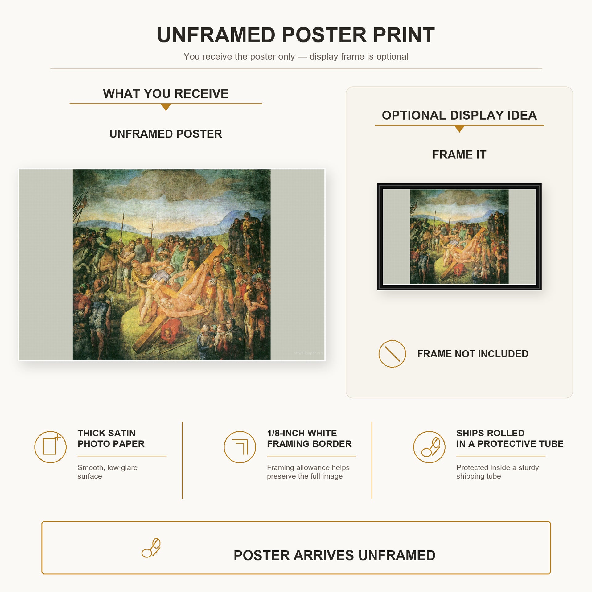 Michelangelo - The Crucifixion of St. Peter poster print size comparison and framing display infographic