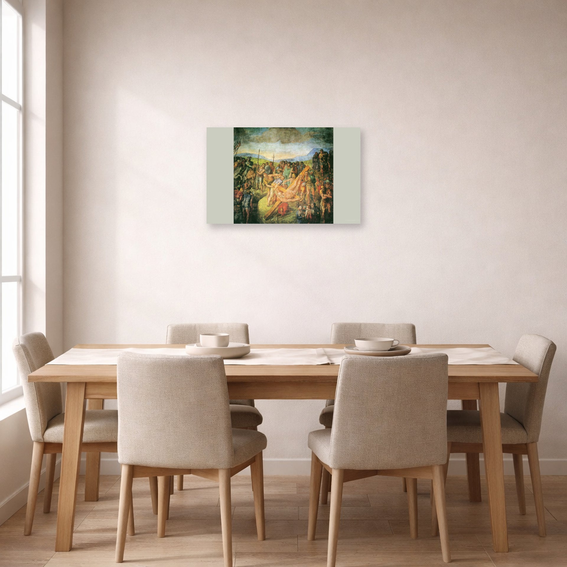 Unframed poster print of Michelangelo's The Crucifixion of St. Peter displayed on a wall in a dining room