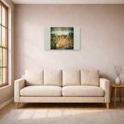 Unframed poster print of Michelangelo's The Crucifixion of St. Peter displayed on a wall in a living room