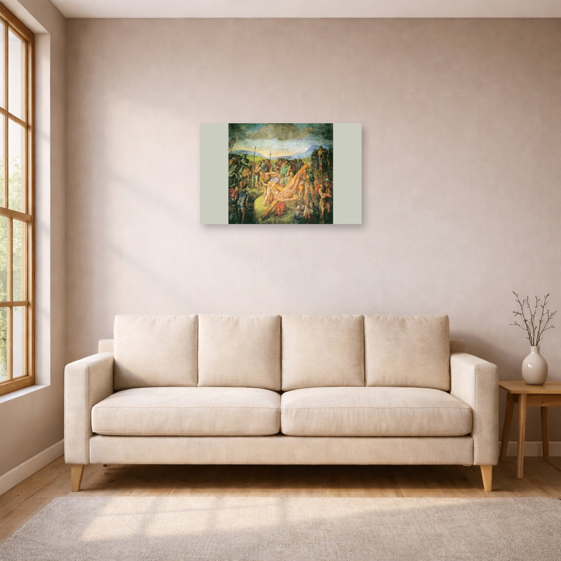 Unframed poster print of Michelangelo's The Crucifixion of St. Peter displayed on a wall in a living room