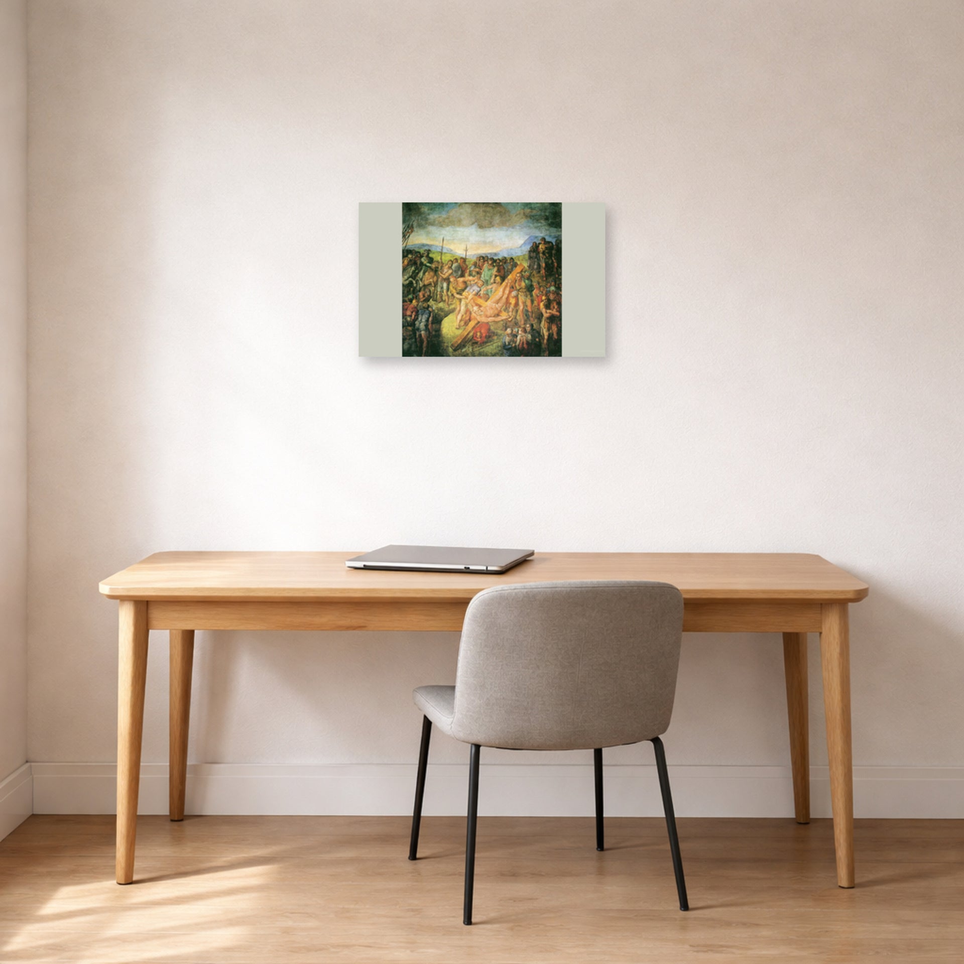 Unframed poster print of Michelangelo's The Crucifixion of St. Peter displayed on a wall in a office