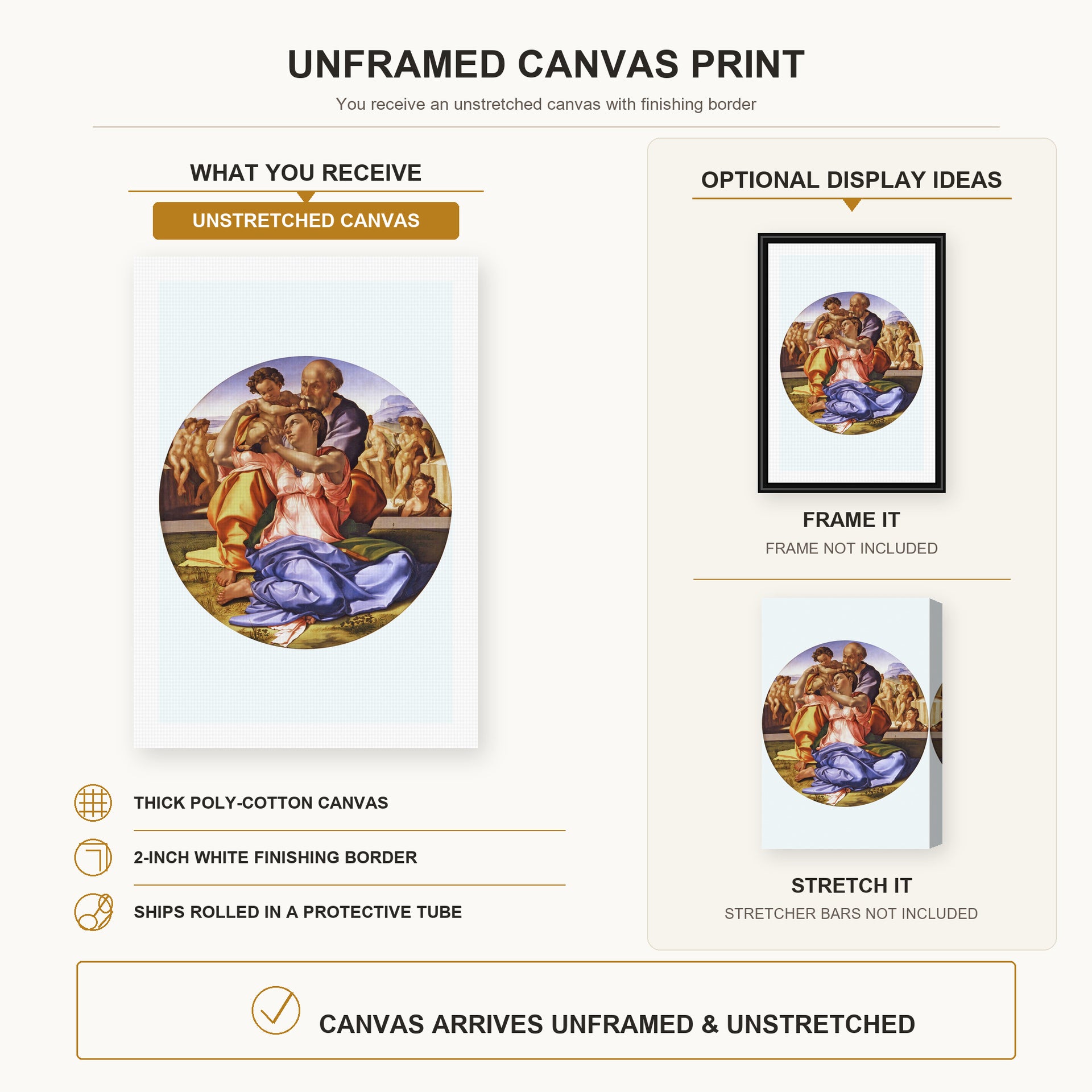 Michelangelo - The Doni Tondo canvas print size comparison and framing display infographic