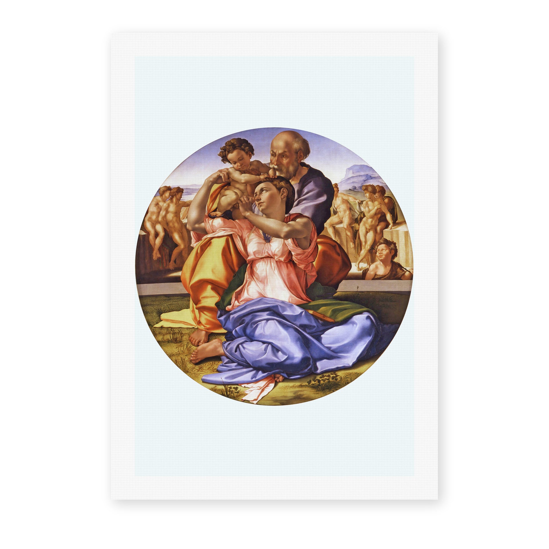 Michelangelo's 'The Doni Tondo' painting reproduced as a rolled canvas print, a circular panel of the Holy Family held today in the Uffizi Gallery