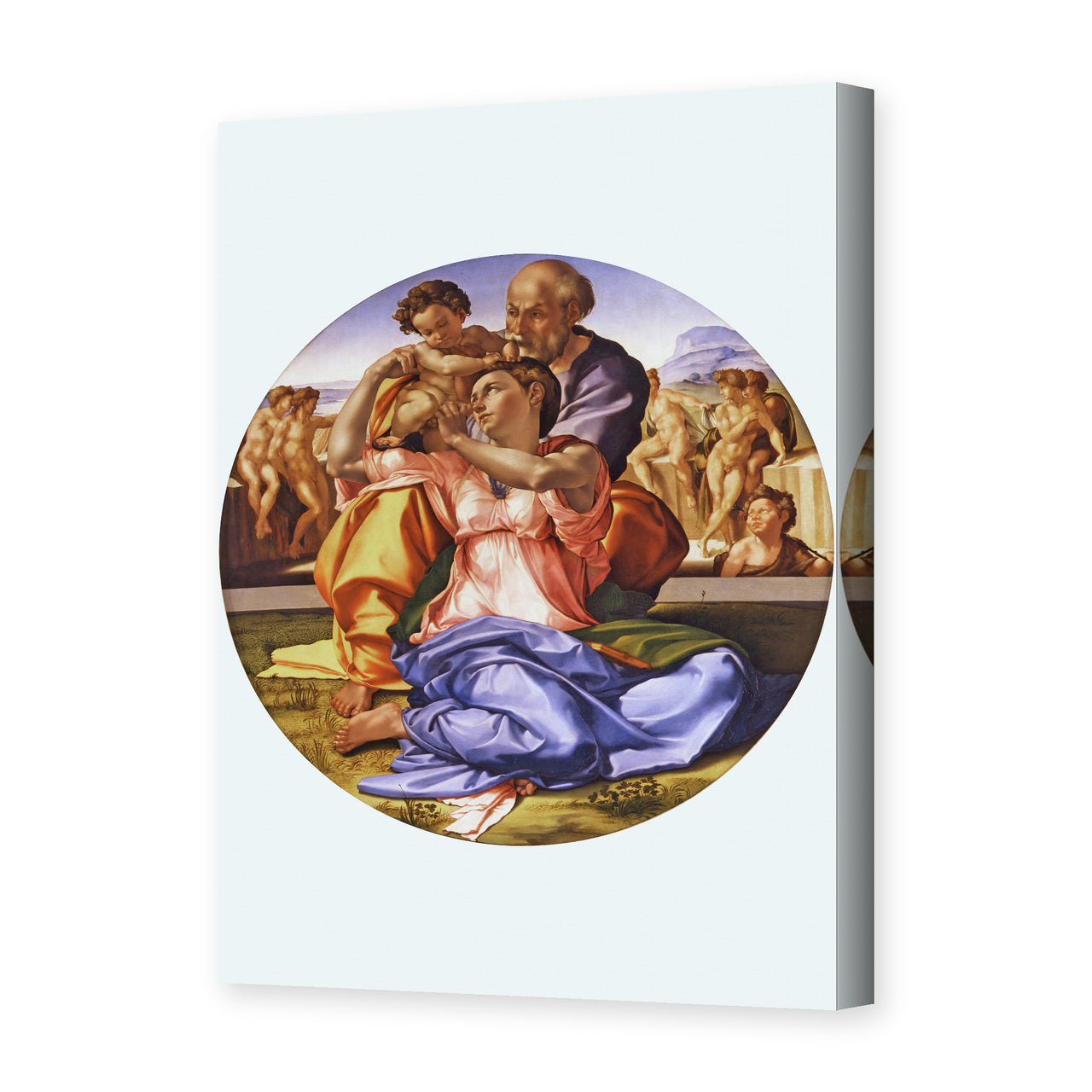 Michelangelo's 'The Doni Tondo' painting reproduced as a gallery-wrapped canvas print, a circular panel of the Holy Family held today in the Uffizi Gallery