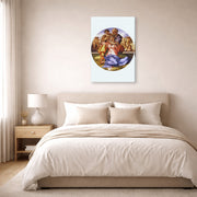 Gallery-wrapped canvas print of Michelangelo's The Doni Tondo displayed on a wall in a bedroom