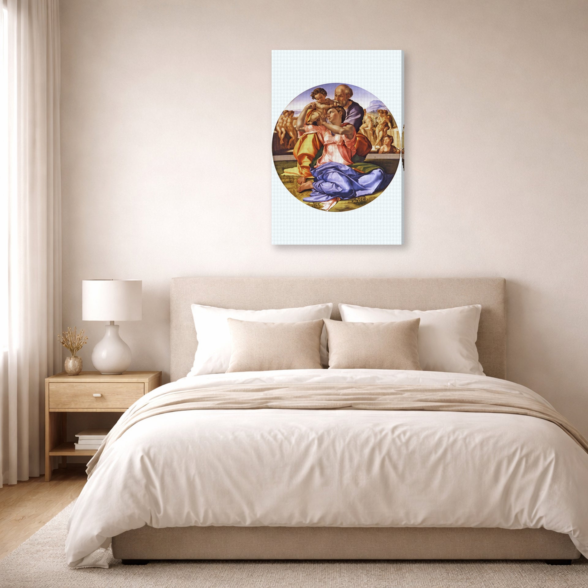 Gallery-wrapped canvas print of Michelangelo's The Doni Tondo displayed on a wall in a bedroom
