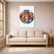 Gallery-wrapped canvas print of Michelangelo's The Doni Tondo displayed on a wall in a living room