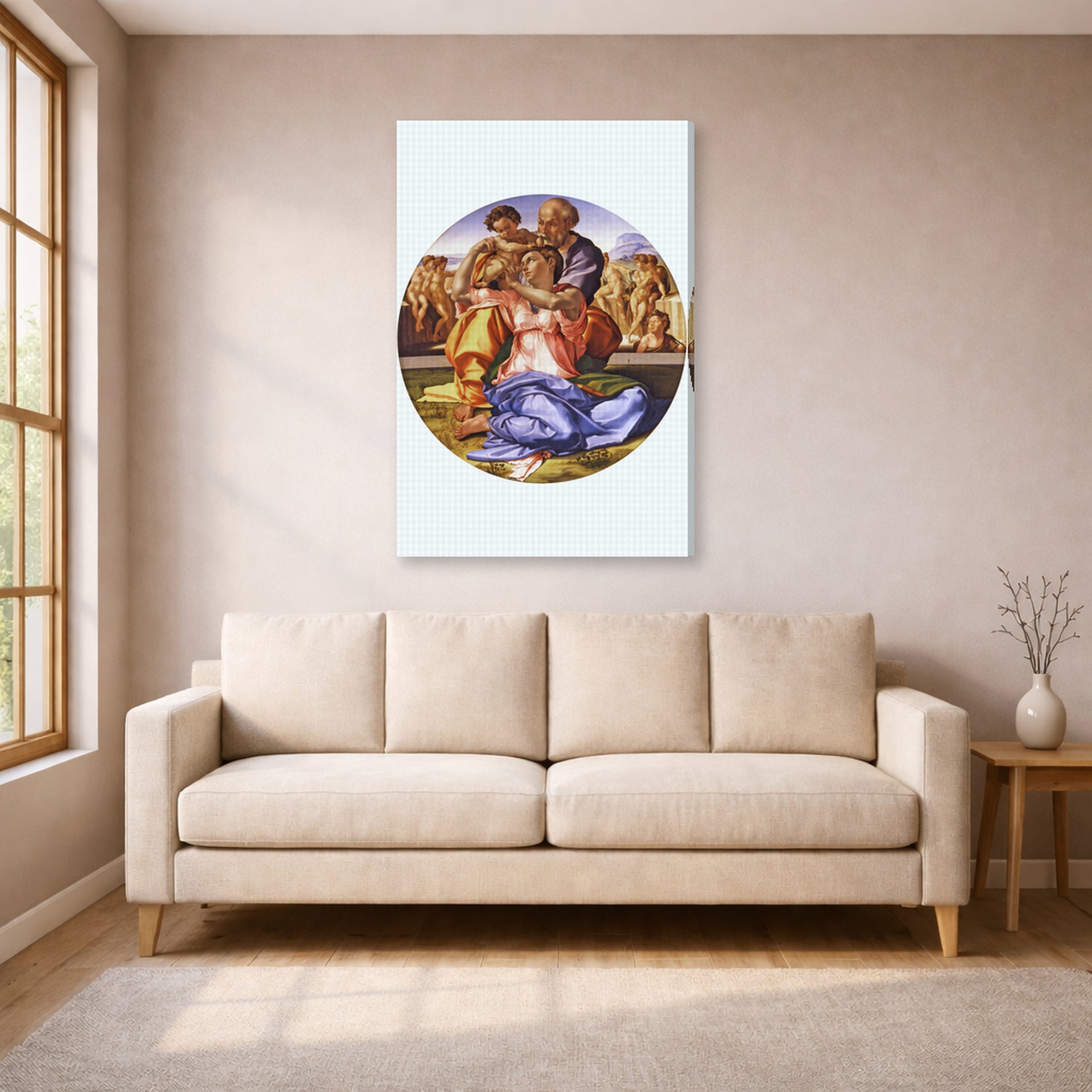 Gallery-wrapped canvas print of Michelangelo's The Doni Tondo displayed on a wall in a living room