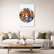Gallery-wrapped canvas print of Michelangelo's The Doni Tondo displayed on a wall in a living room