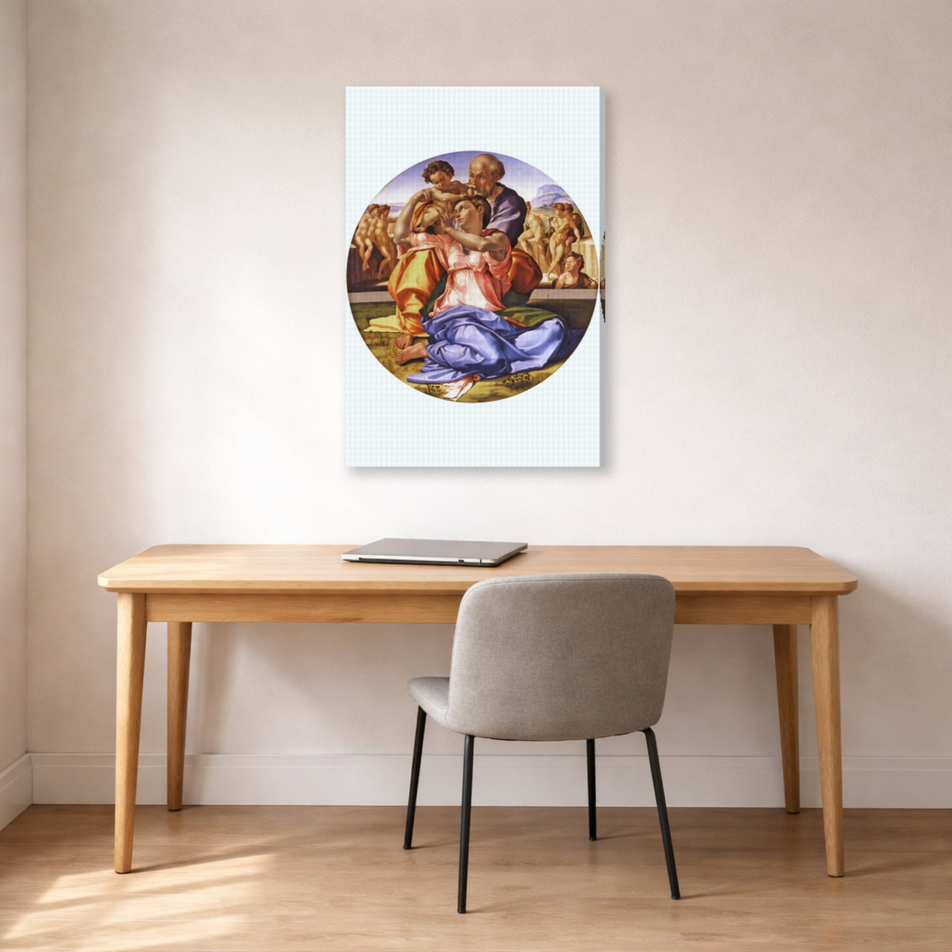 Gallery-wrapped canvas print of Michelangelo's The Doni Tondo displayed on a wall in a office