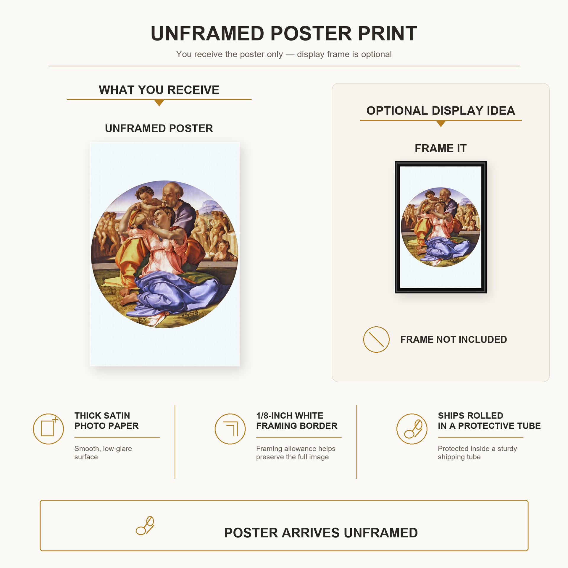 Michelangelo - The Doni Tondo poster print size comparison and framing display infographic