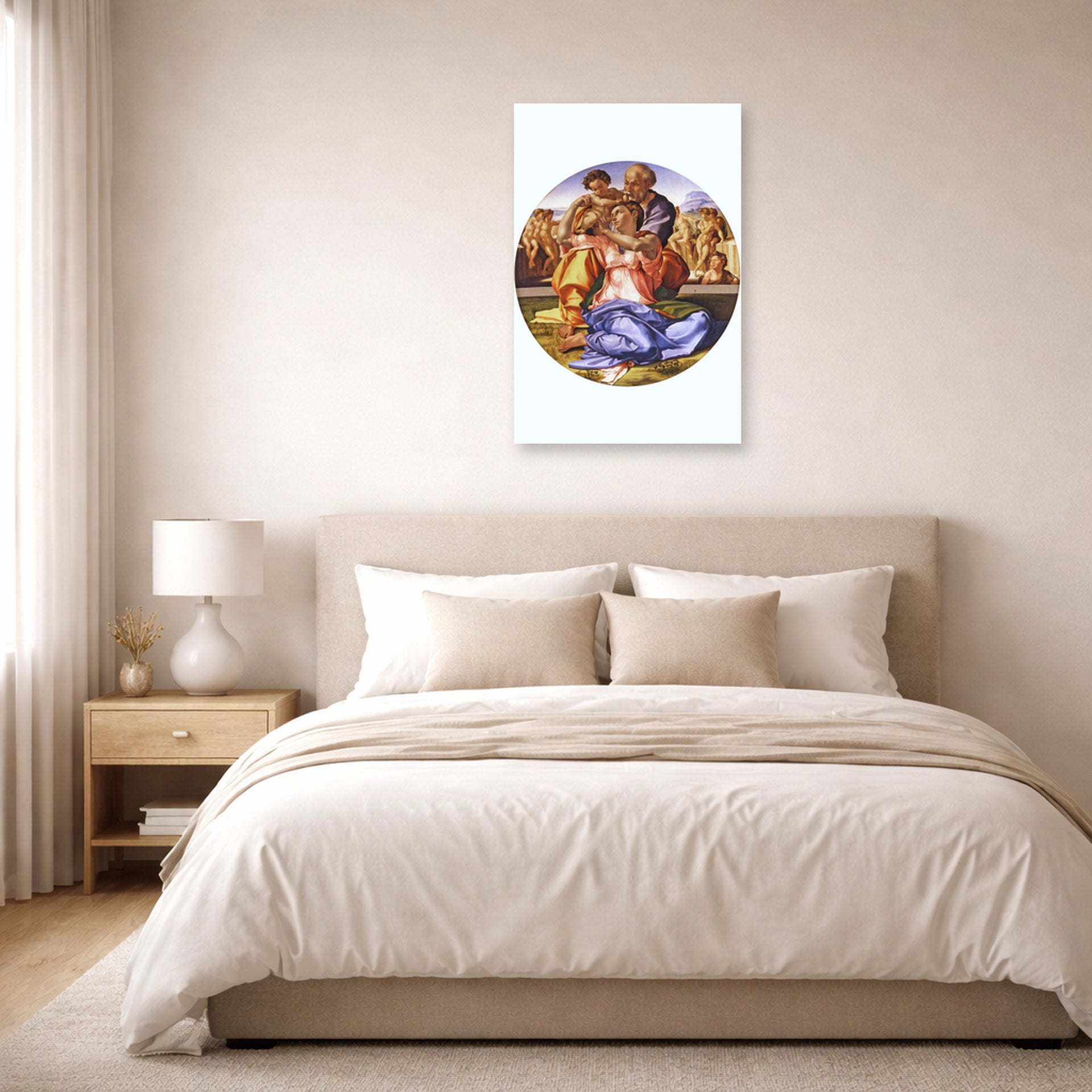 Unframed poster print of Michelangelo's The Doni Tondo displayed on a wall in a bedroom