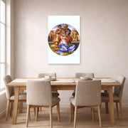 Unframed poster print of Michelangelo's The Doni Tondo displayed on a wall in a dining room
