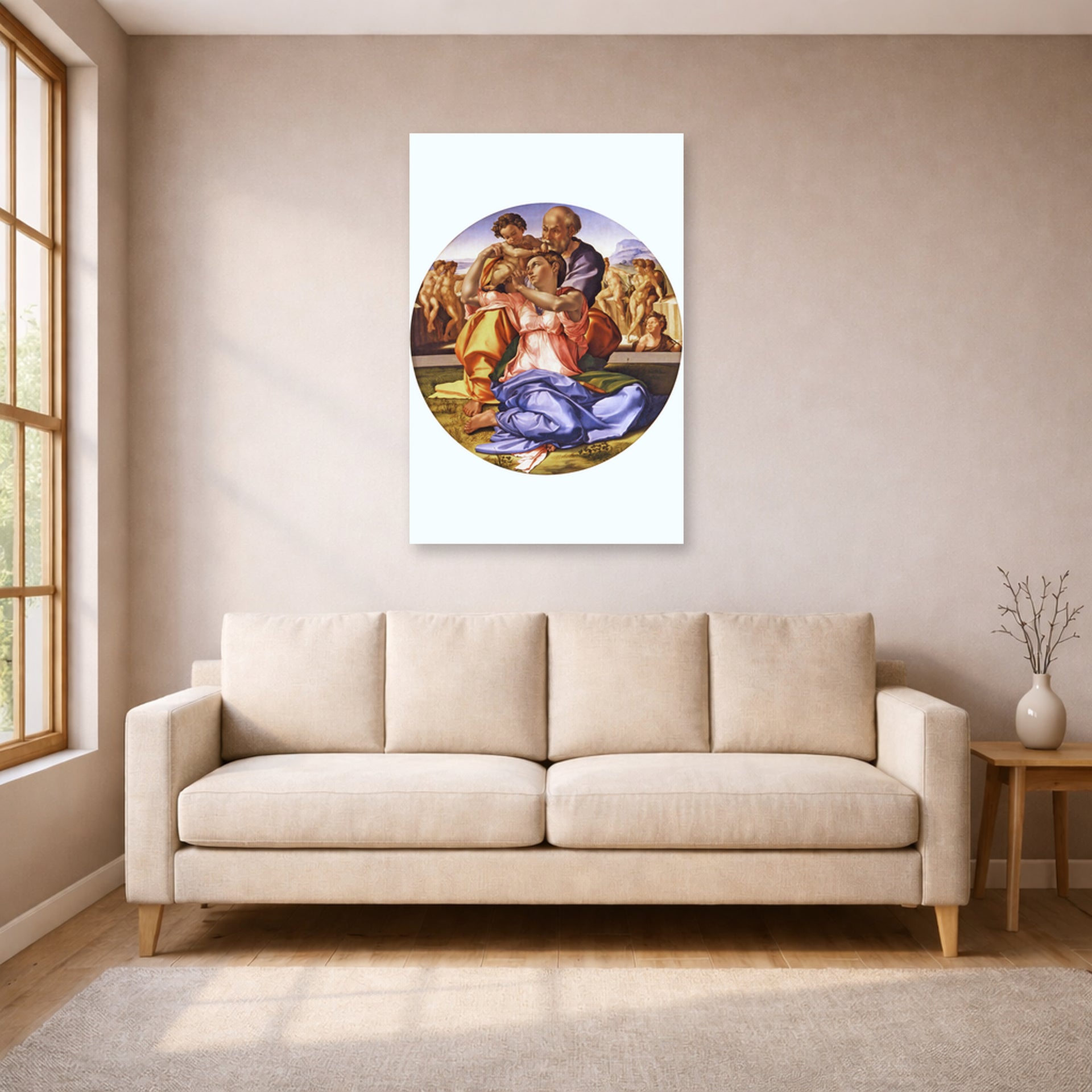 Unframed poster print of Michelangelo's The Doni Tondo displayed on a wall in a living room