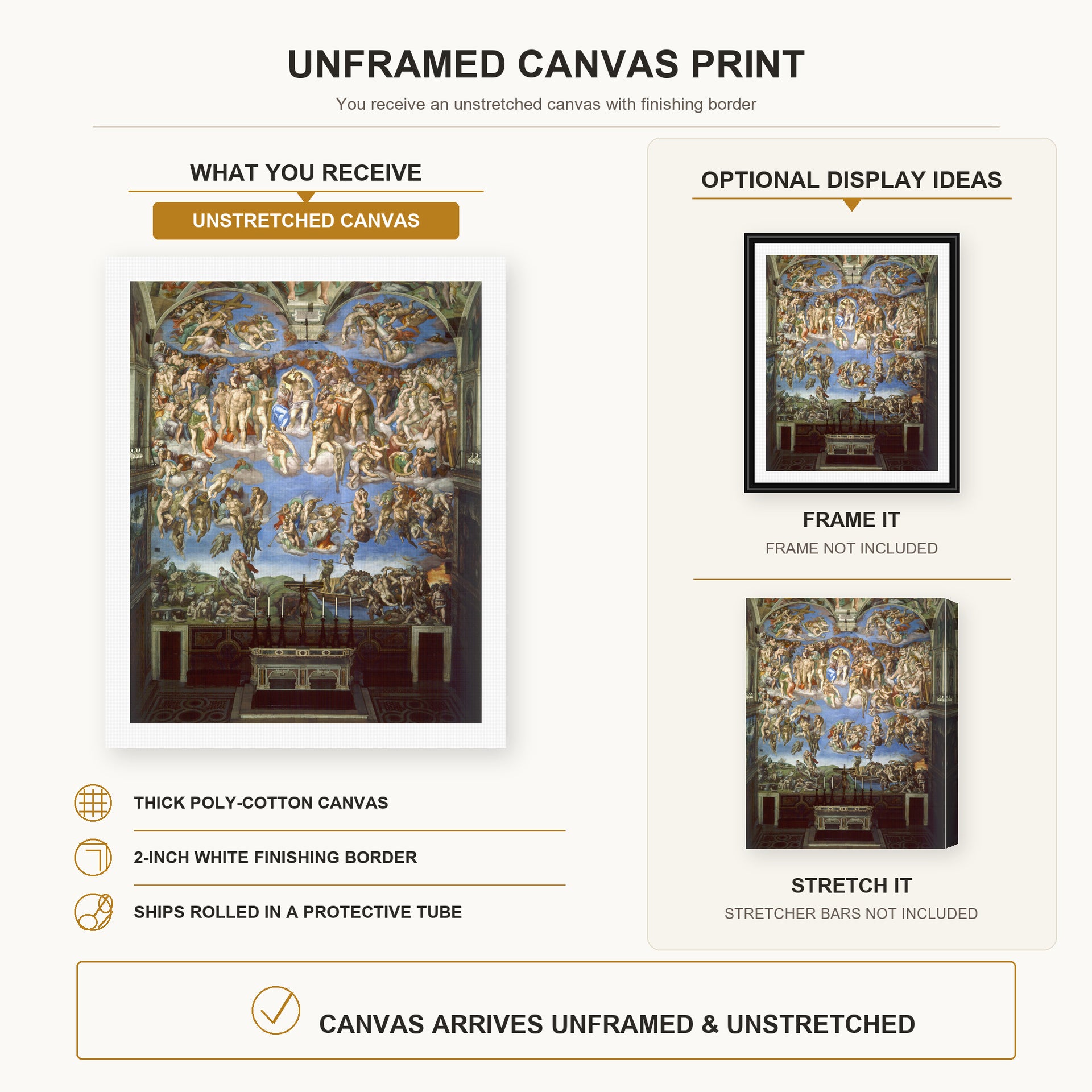 Michelangelo - The Last Judgment canvas print size comparison and framing display infographic
