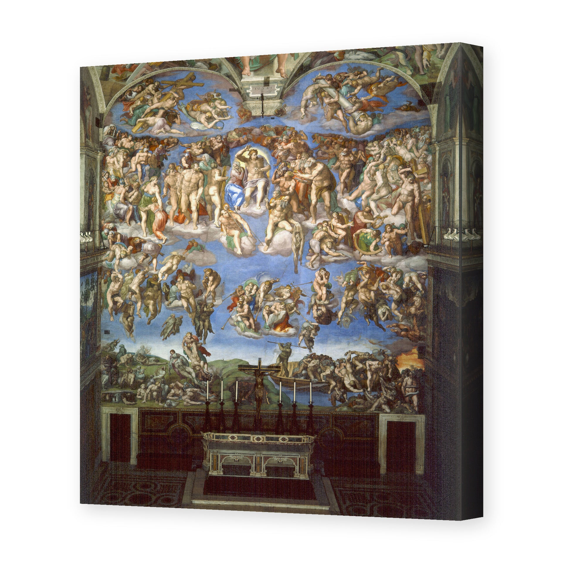 Michelangelo's 'The Last Judgment' painting reproduced as a gallery-wrapped canvas print, the monumental fresco covering the altar wall of the Sistine Chapel