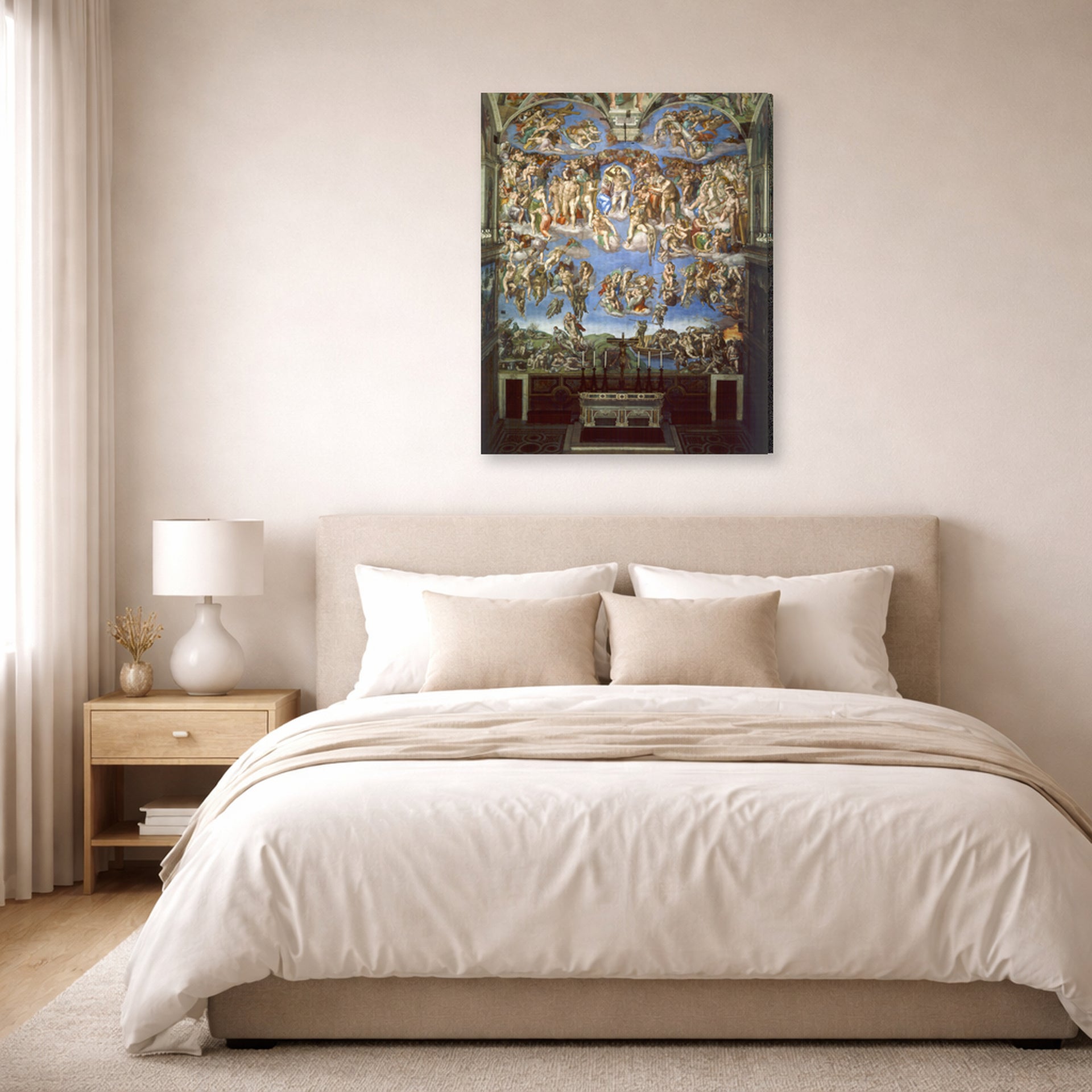 Gallery-wrapped canvas print of Michelangelo's The Last Judgment displayed on a wall in a bedroom