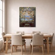 Gallery-wrapped canvas print of Michelangelo's The Last Judgment displayed on a wall in a dining room