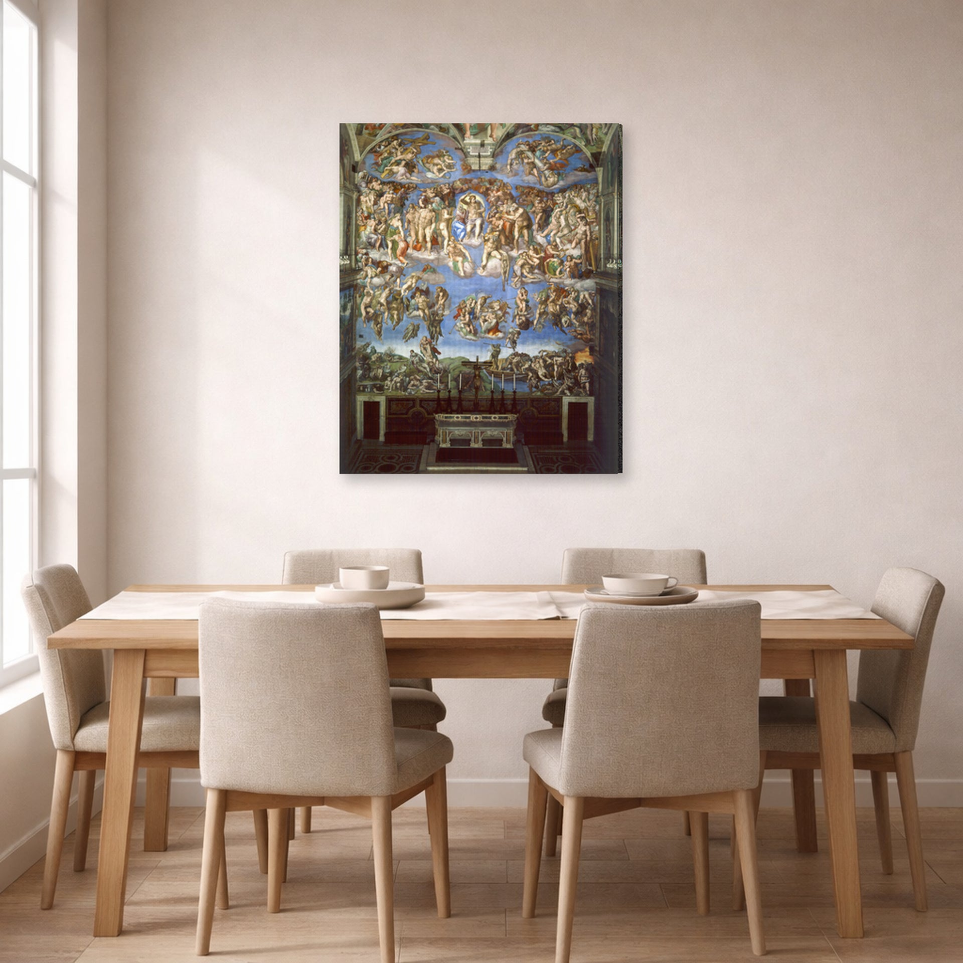 Gallery-wrapped canvas print of Michelangelo's The Last Judgment displayed on a wall in a dining room