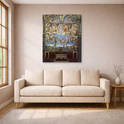 Gallery-wrapped canvas print of Michelangelo's The Last Judgment displayed on a wall in a living room