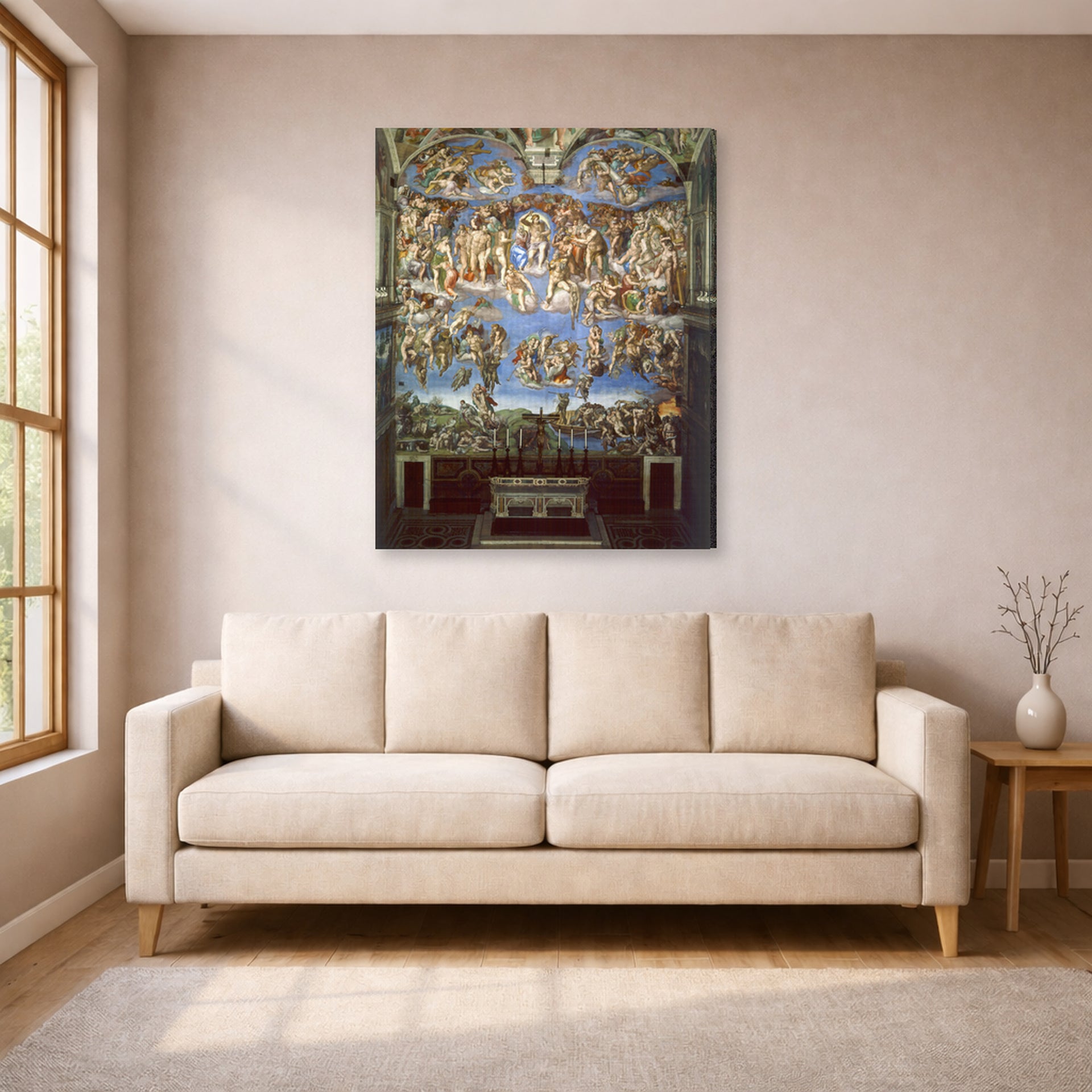 Gallery-wrapped canvas print of Michelangelo's The Last Judgment displayed on a wall in a living room