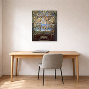 Gallery-wrapped canvas print of Michelangelo's The Last Judgment displayed on a wall in a office