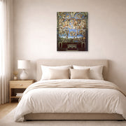 Unframed poster print of Michelangelo's The Last Judgment displayed on a wall in a bedroom